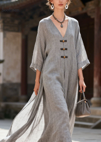Vintage Grey V Neck Patchwork Oriental Button Cotton Dress Summer