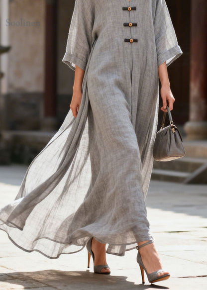 Vintage Grey V Neck Patchwork Oriental Button Cotton Dress Summer