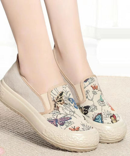 Vintage Jacquard Flat Feet Shoes Beige Cotton Fabric