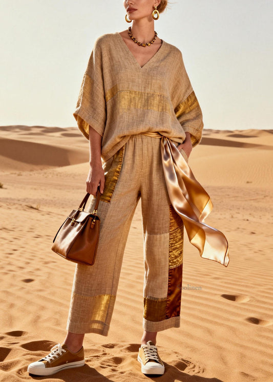 Vintage Khaki V Neck Tops And Crop Pants Patchwork Silk Linen Two Pieces Set Batwing Sleeve