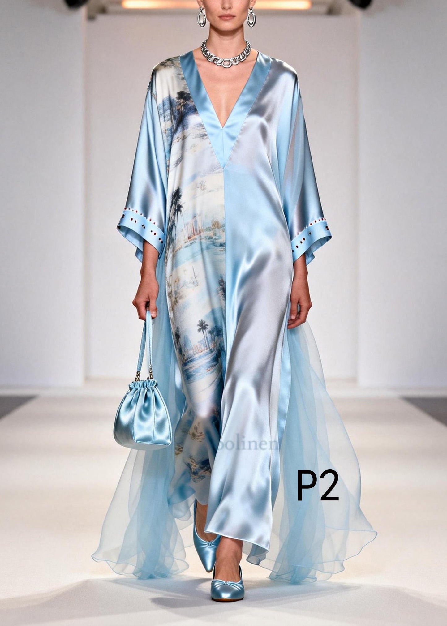 Vintage Light Blue Print Tulle Patchwork Rhinestone Dresses Summer