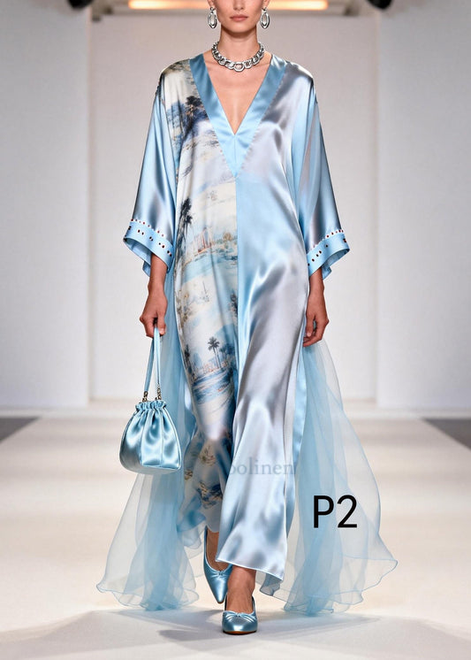 Vintage Light Blue Print Tulle Patchwork Rhinestone Dresses Summer