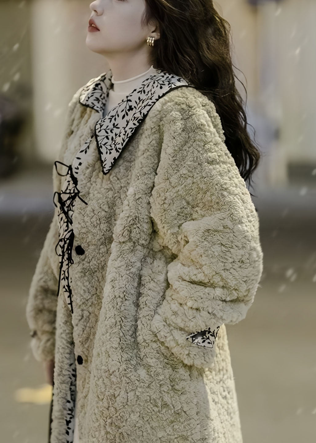 Vintage Moss Green Peter Pan Collar Pockets Patchwork Faux Fur Long Coats Winter