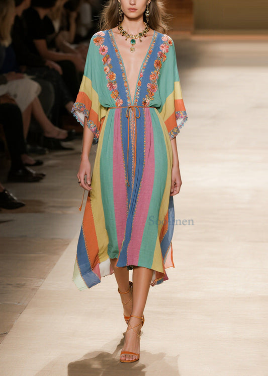 Vintage Multicolored Striped Tie Waist Cotton Robe Dresses Summer