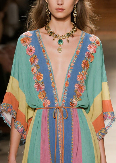 Vintage Multicolored Striped Tie Waist Cotton Robe Dresses Summer