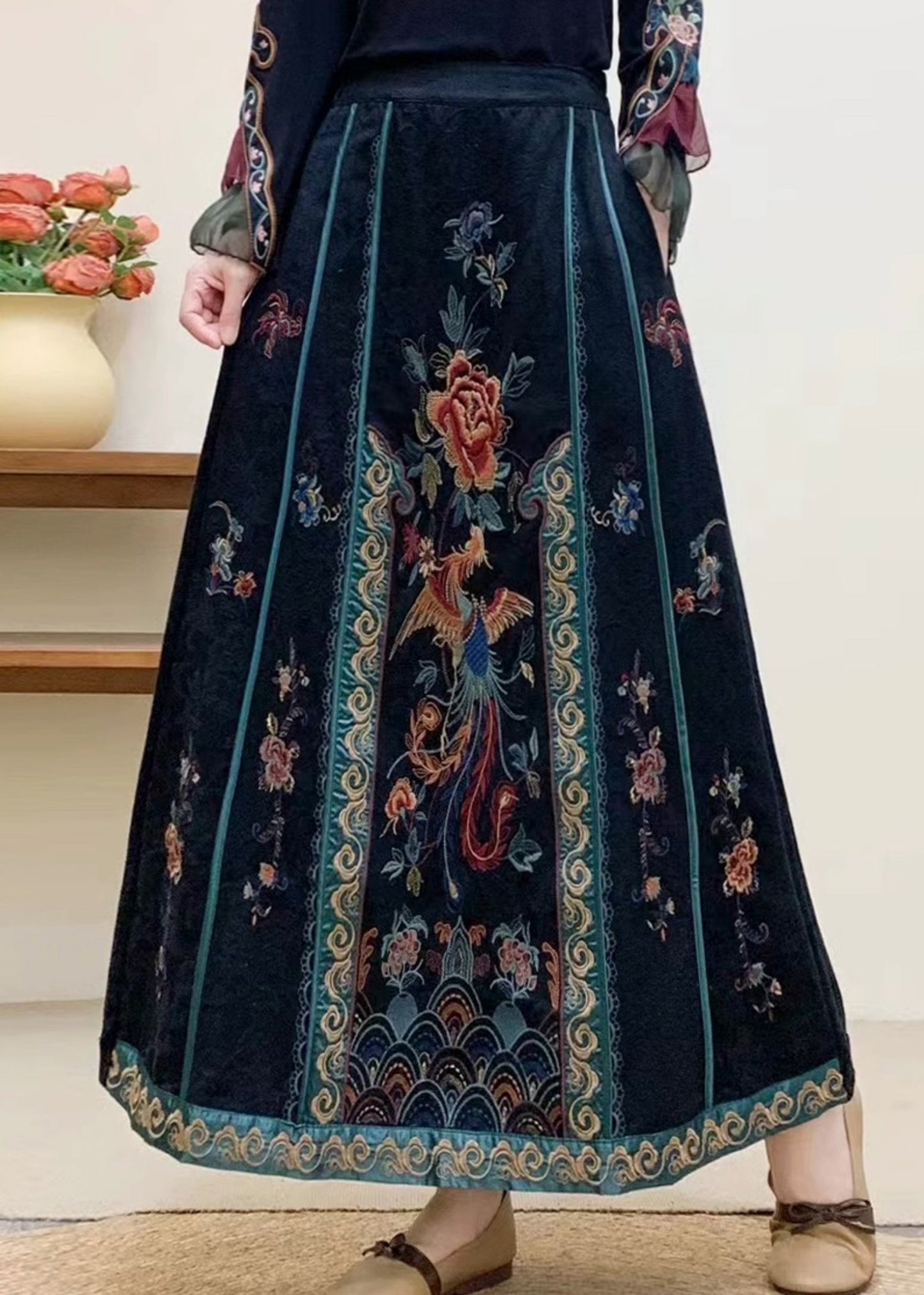 Vintage Navy Embroidered High Waist Cotton Skirt Fall