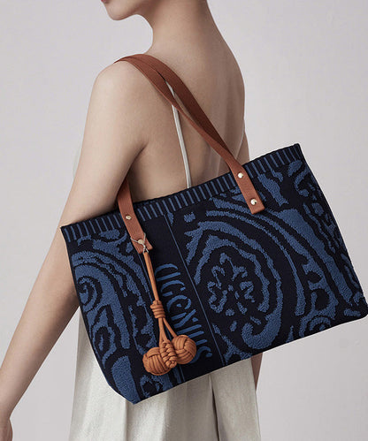 Vintage Navy Jacquard Large Capacity Cotton Satchel Handbag