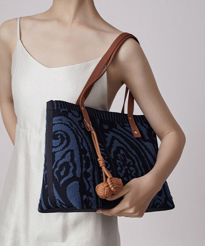 Vintage Navy Jacquard Large Capacity Cotton Satchel Handbag