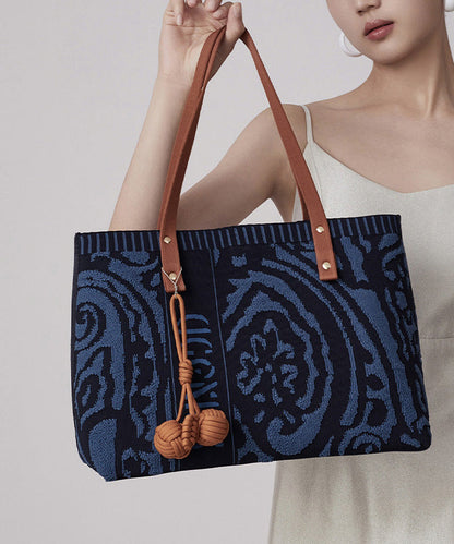 Vintage Navy Jacquard Large Capacity Cotton Satchel Handbag