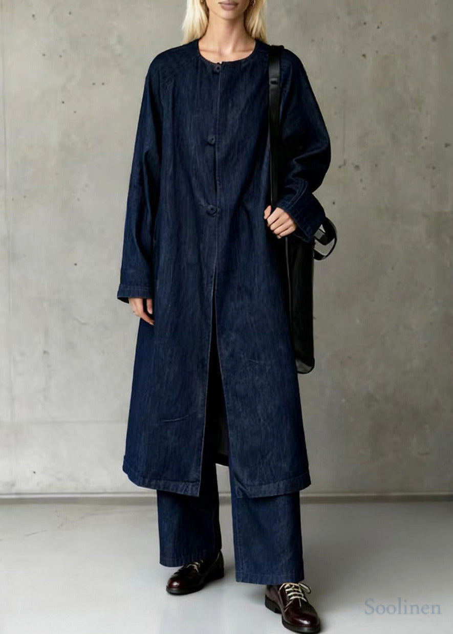 Vintage Navy Oversized Side Open Denim Two Piece Suit Set Spring