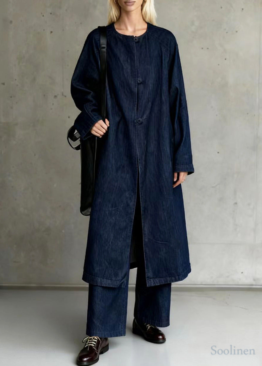 Vintage Navy Oversized Side Open Denim Two Piece Suit Set Spring