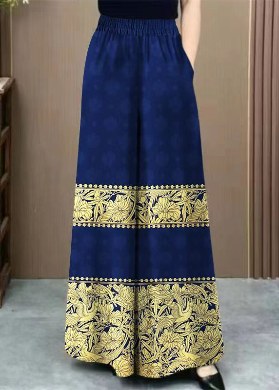 Vintage Navy Print Elastic Waist Cotton Wide Leg Pants