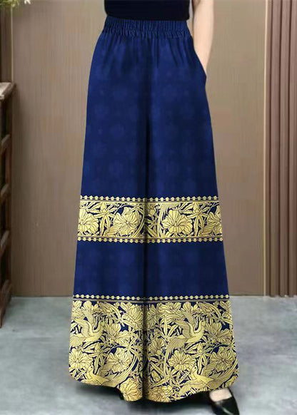 Vintage Navy Print Elastic Waist Cotton Wide Leg Pants