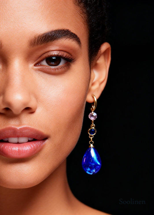 Vintage Peacock Blue Water Droplet Gem Stone Drop Earrings