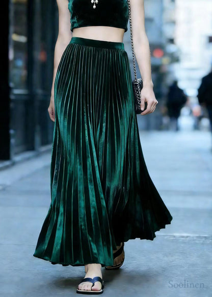 Vintage Peacock Green Exra Large Hem Draping Silk Velvet Pleated Skirt Spring