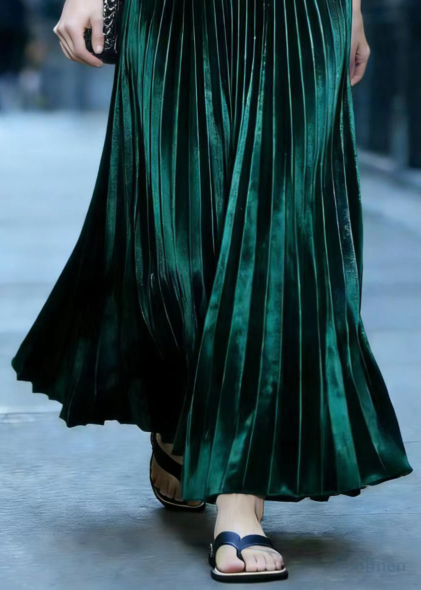 Vintage Peacock Green Exra Large Hem Draping Silk Velvet Pleated Skirt Spring