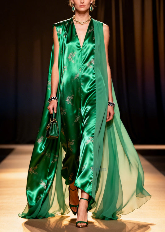 Vintage Peacock Green Oversized Patchwork Exra Large Hem Silk Dresses Sleeveless