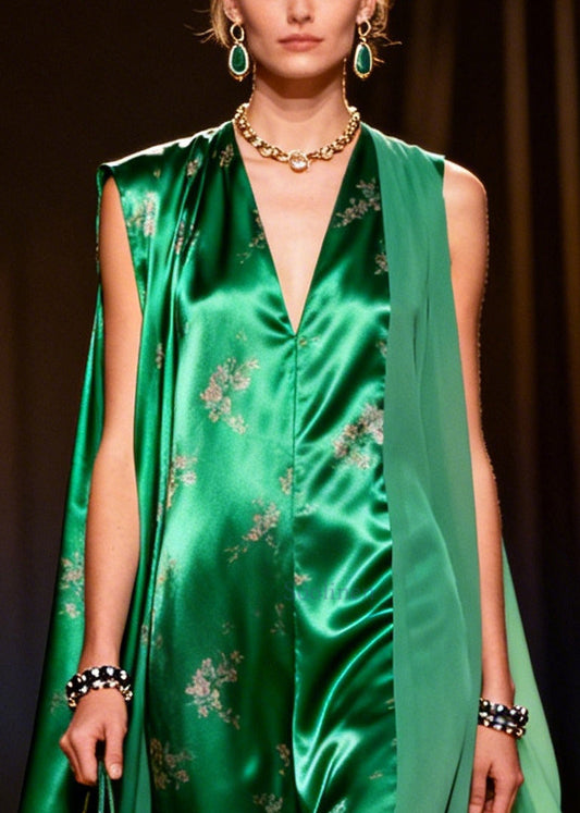 Vintage Peacock Green Oversized Patchwork Exra Large Hem Silk Dresses Sleeveless