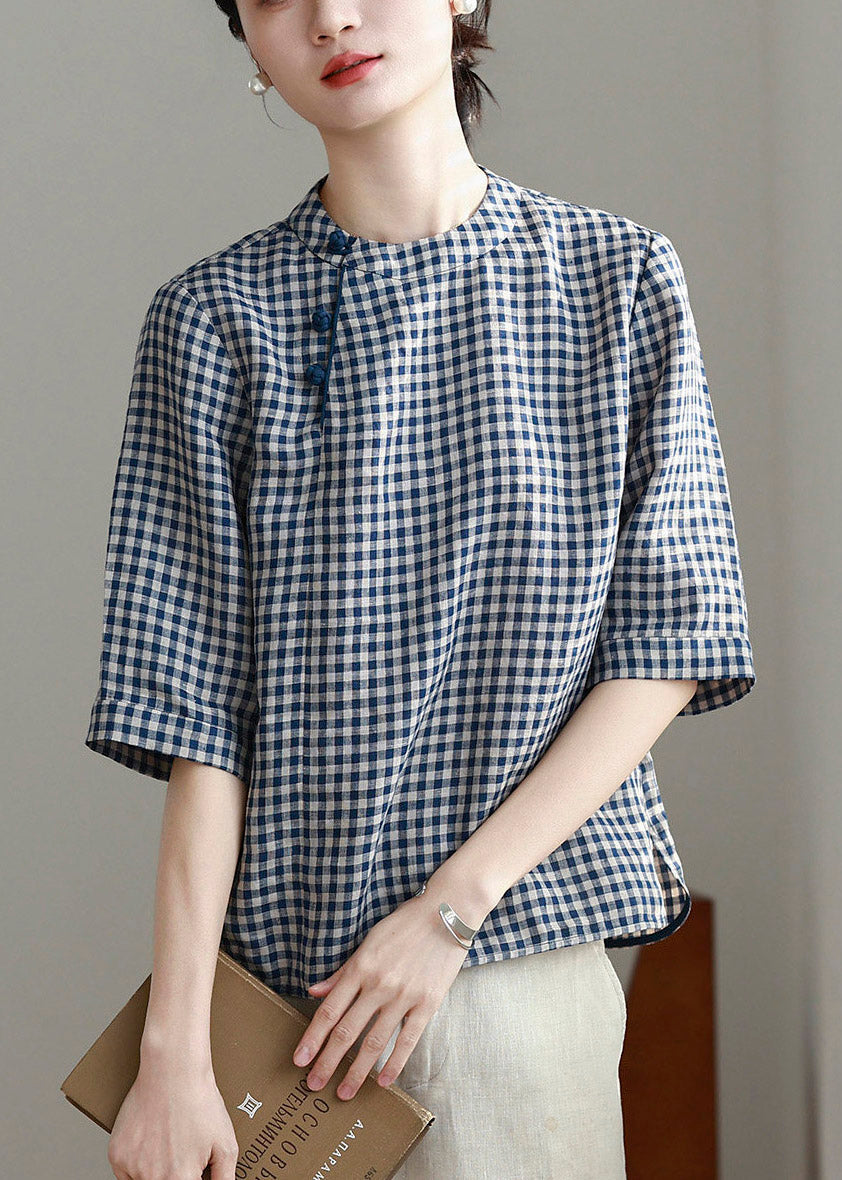 Vintage Plaid O-Neck Top Short Sleeve