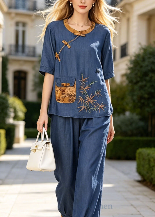Vintage Plus Size Blue Embroidered Cotton Two Piece Set Summer