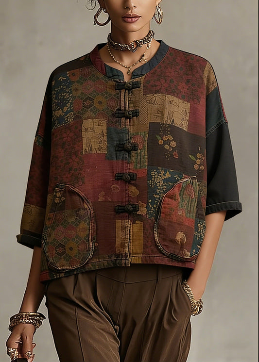 Vintage Print Button Patchwork Cotton Coat Long Sleeve