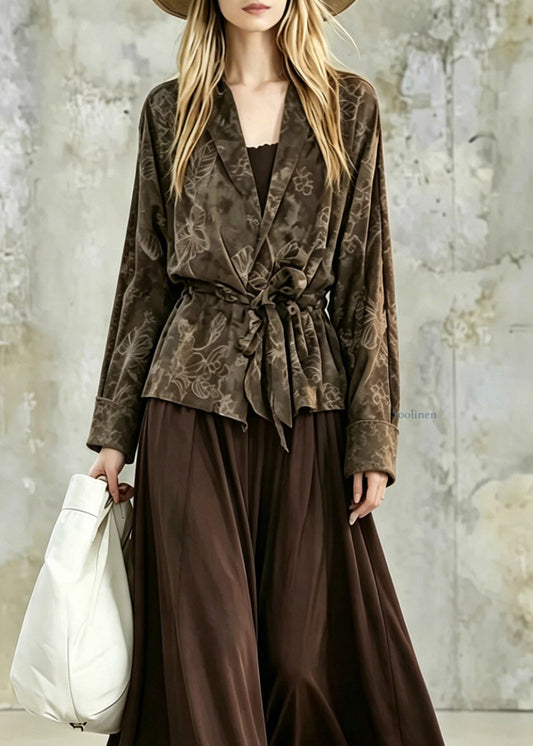 Vintage Print Tie Waist Shirt And Maxi Skirts Two Pieces Set Fall