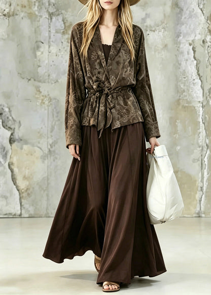 Vintage Print Tie Waist Shirt And Maxi Skirts Two Pieces Set Fall