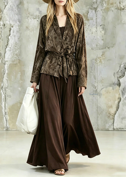 Vintage Print Tie Waist Shirt And Maxi Skirts Two Pieces Set Fall
