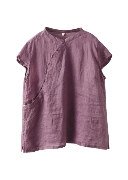 Vintage Purple Stand Collar Button Linen Shirts Summer