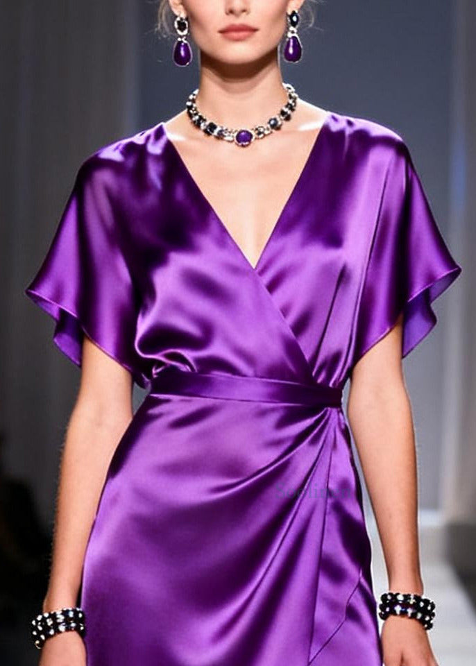 Vintage Purple V Neck Patchwork Chiffon Dresses Summer