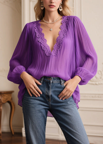 Vintage Purple V Neck Patchwork Wrinkled Chiffon Top Spring