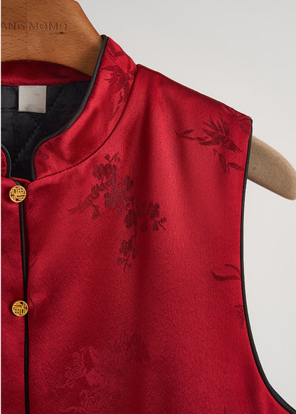 Vintage Red Jacquard Patchwork Feather Silk Vests Fall