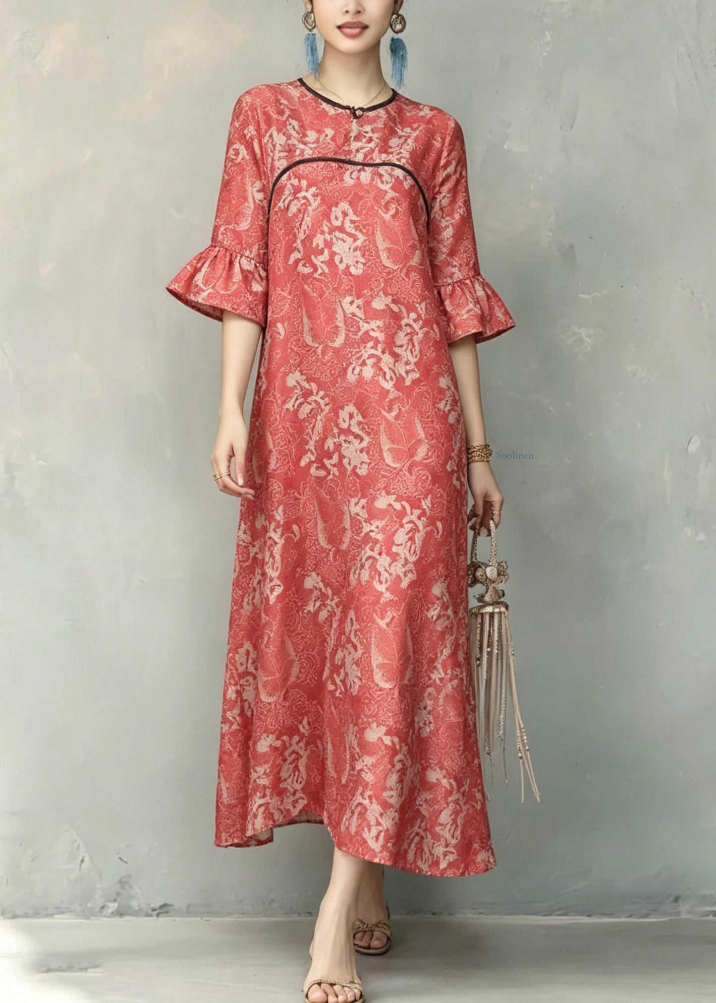 Vintage Red O-Neck Ruffled Patchwork Long Dresses Short Sleeve