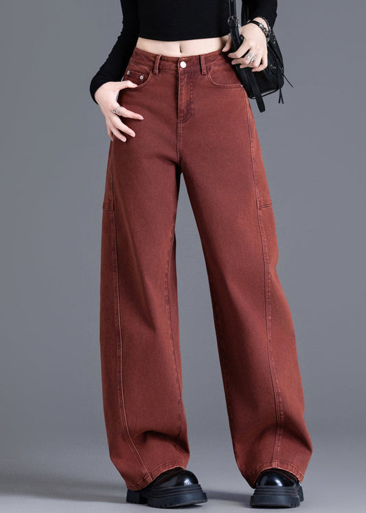 Vintage Red Pockets High Waist Denim Wide Leg Pants Spring