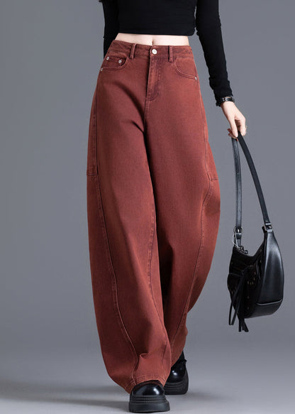 Vintage Red Pockets High Waist Denim Wide Leg Pants Spring
