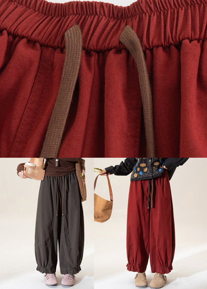 Vintage Red Ruffled Patchwork Solid Straight Pants