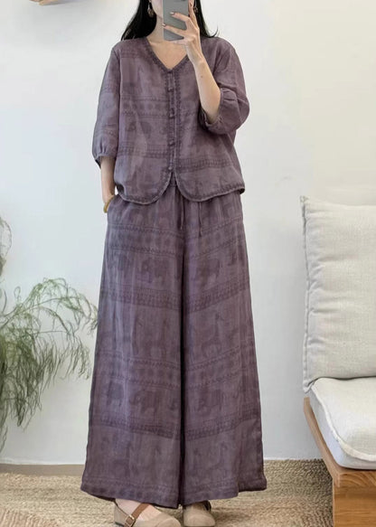 Vintage Red V Neck Patchwork Linen Shirt And Wide Leg Pants Two Pieces Set Summer