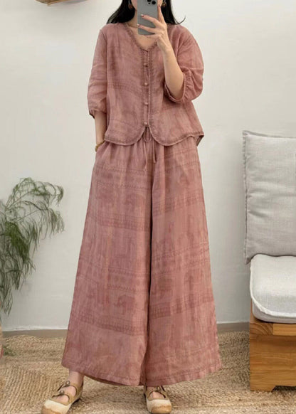 Vintage Red V Neck Patchwork Linen Shirt And Wide Leg Pants Two Pieces Set Summer