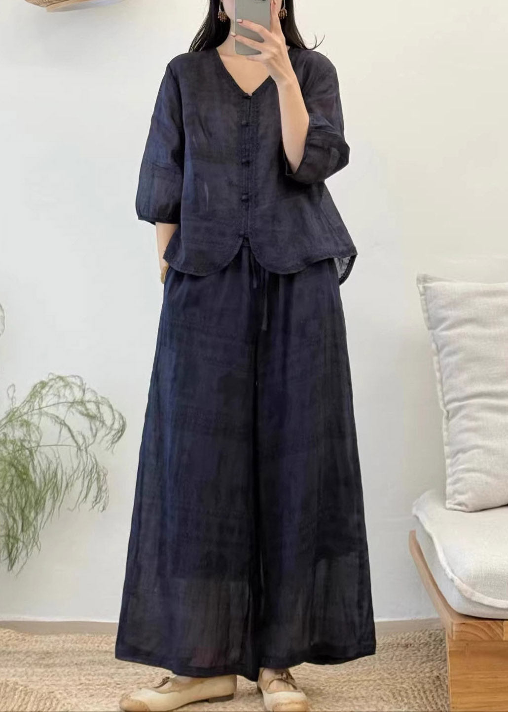Vintage Red V Neck Patchwork Linen Shirt And Wide Leg Pants Two Pieces Set Summer