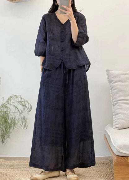 Vintage Red V Neck Patchwork Linen Shirt And Wide Leg Pants Two Pieces Set Summer