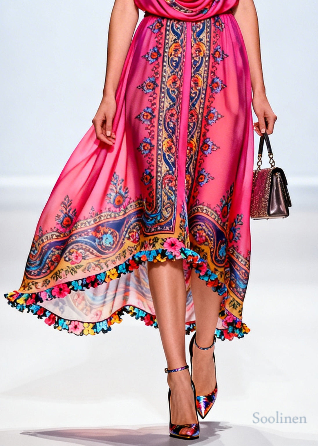 Vintage Rose Turtle Neck Print Chiffon Party Dress Sleeveless