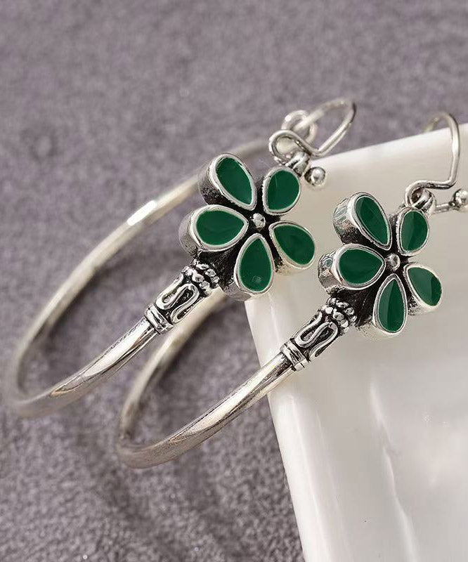 Vintage Silk Sterling Silver Five Petal Flower Hoop Earrings