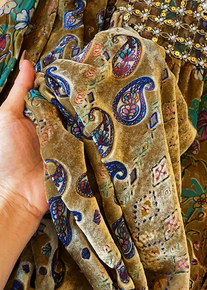 Vintage Stand Collar Print Button Cotton Blouses Lantern Sleeve