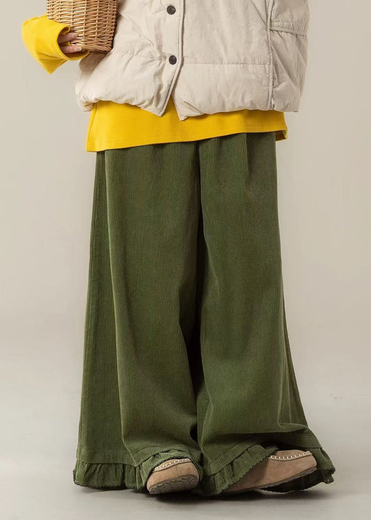 Vintage Tea Green Oversized Ruffled Corduroy Wide Leg Pants Spring