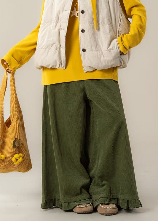 Vintage Tea Green Oversized Ruffled Corduroy Wide Leg Pants Spring