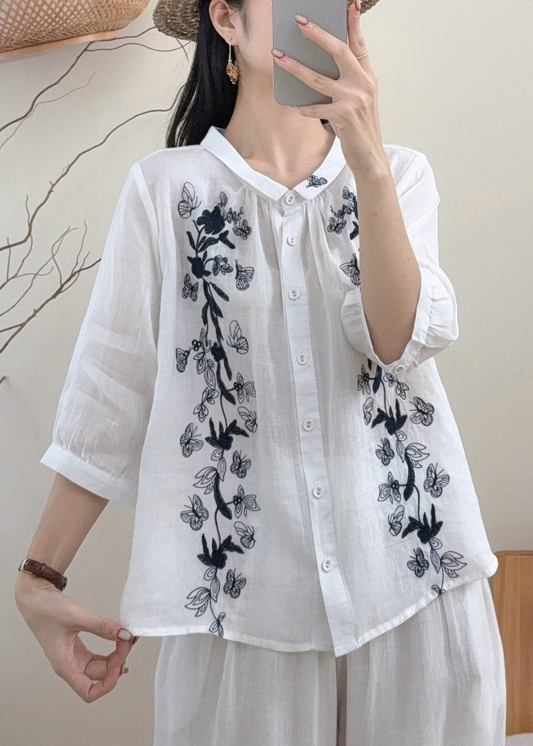 Vintage White Embroidered Butterfly Linen Blouses Bracelet Sleeve