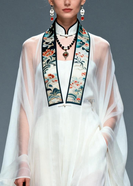 Vintage White Mandarin Collar Chiffon Sheer Dress Two Piece Set Summer