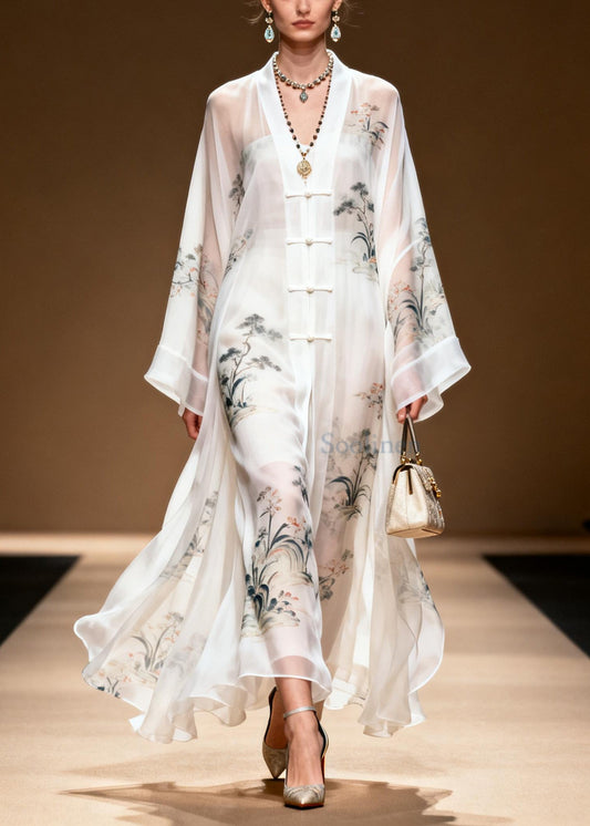 Vintage White Print Chinese Button Draping Chiffon Dress Summer
