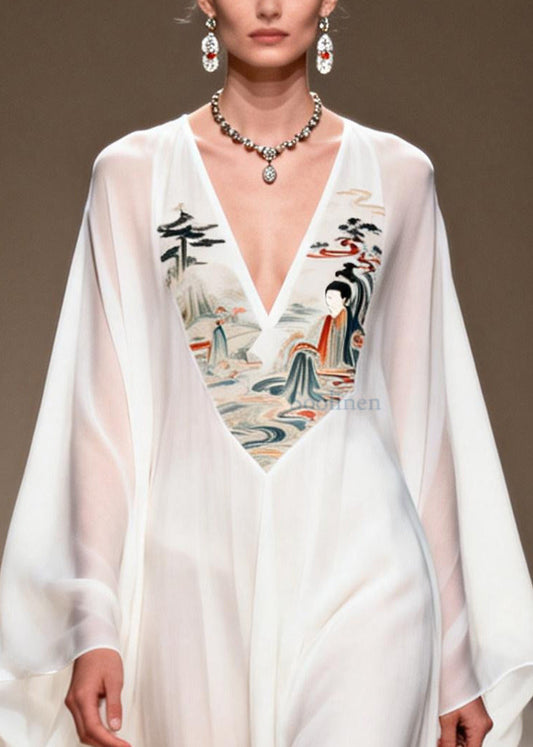 Vintage White V Neck Patchwork Print Chiffon Vacation Dress Summer