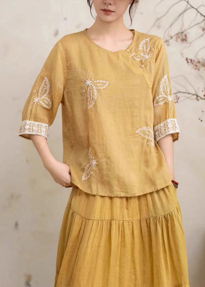 Vintage Yellow Embroidered Nail Bead Linen Shirt Summer
